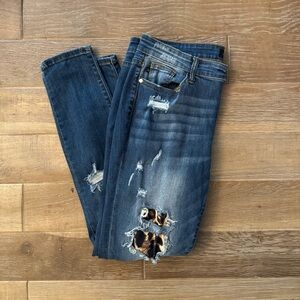 Judy Blue Dark Blue Distressed Skinny Jeans with Leopard Patch